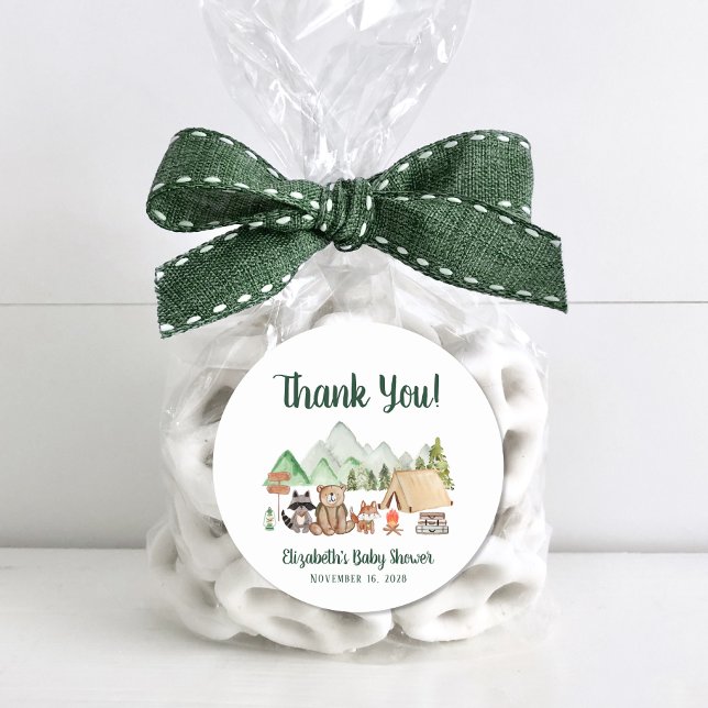 Rustic Woodland Camping Baby Shower Thank You Classic Round Sticker (Creator Uploaded)