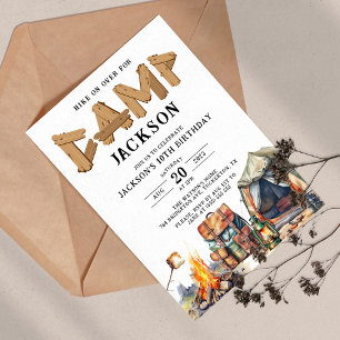 Rustic Woodland Camping Personalised Birthday Invitation