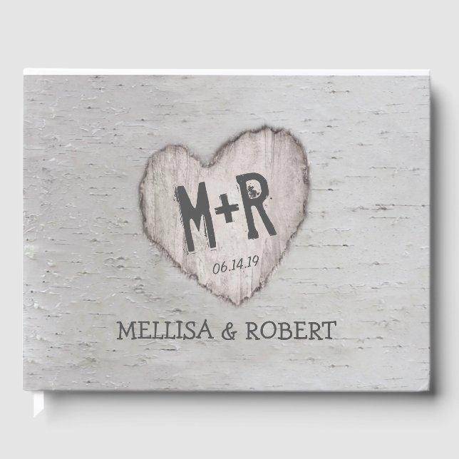 Rustic Woodland Carved Heart Birch Tree Wedding Guest Book (Front)