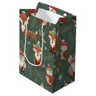 Rustic Woodland Christmas Animal Pattern Medium Gift Bag