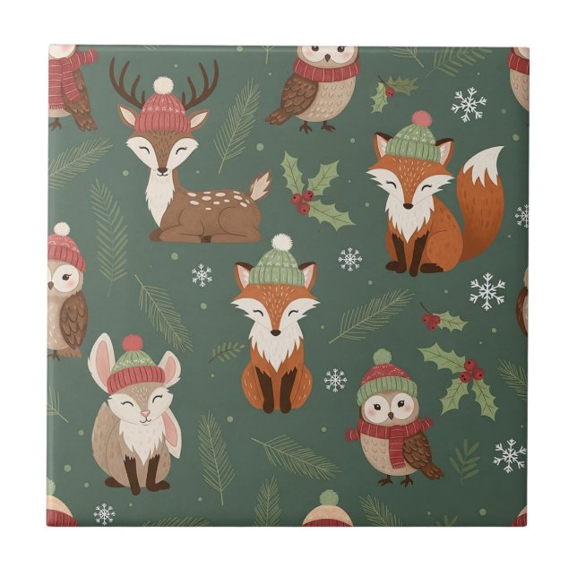 Rustic Woodland Christmas Animal Pattern Tile (Front)