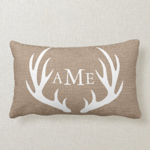 Rustic Woodland Country Deer Antler Faux Burlap Lumbar Cushion