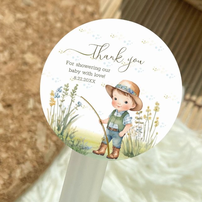 Rustic Woodland Cute Fishing Baby Shower Thank You Classic Round Sticker (Creator Uploaded)
