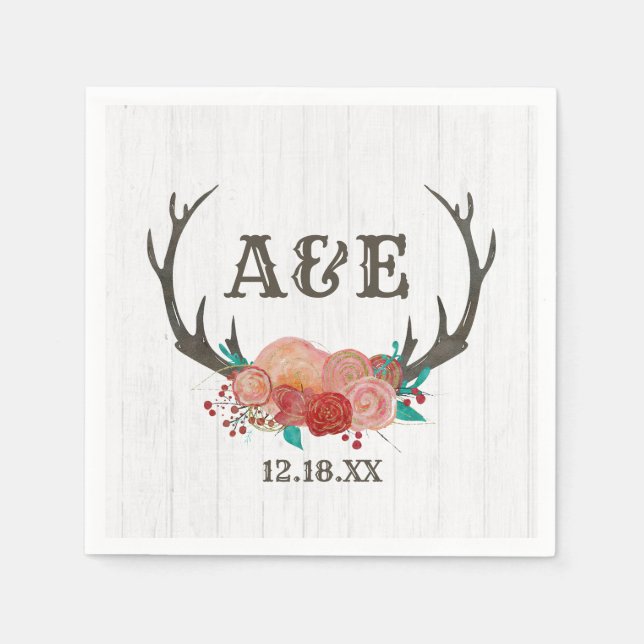 Rustic Woodland Deer Antler Boho Wedding Monogram Napkin (Front)