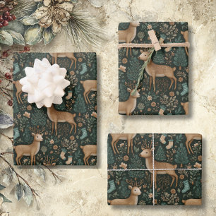 Rustic Woodland Deer & Christmas Pine Tree Wrapping Paper Sheet