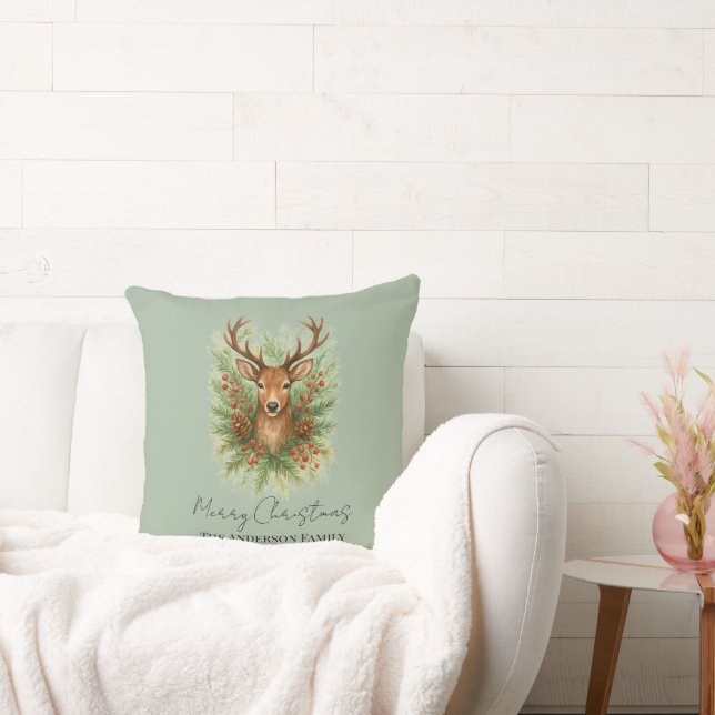 Rustic Woodland Deer Head with Winter Foliage -  Cushion (Couch)