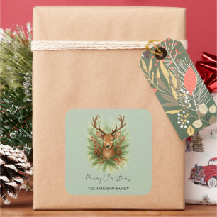 Rustic Woodland Deer Head with Winter Foliage -  Square Sticker