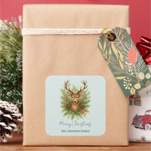 Rustic Woodland Deer Head with Winter Foliage - Square Sticker