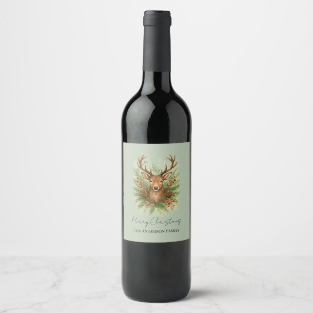 Rustic Woodland Deer Head with Winter Foliage -  Wine Label (Front)