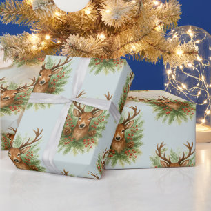Rustic Woodland Deer Head with Winter Foliage - Wrapping Paper