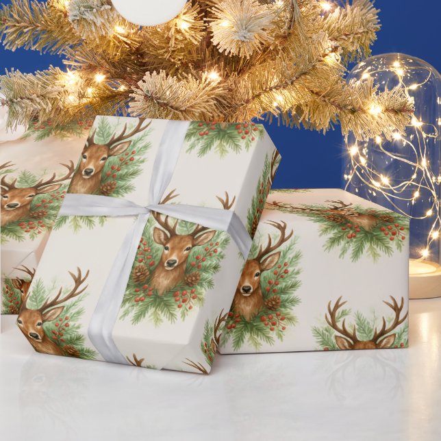 Rustic Woodland Deer Head with Winter Foliage -  Wrapping Paper (Holidays)