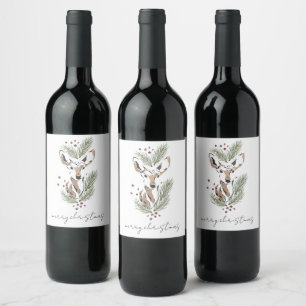 Rustic Woodland Deer Watercolor Christmas Holiday Wine Label