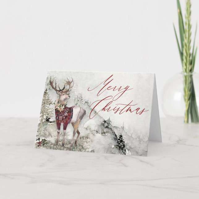 Rustic Woodland Deer Watercolor Christmas Scene Card (Front)