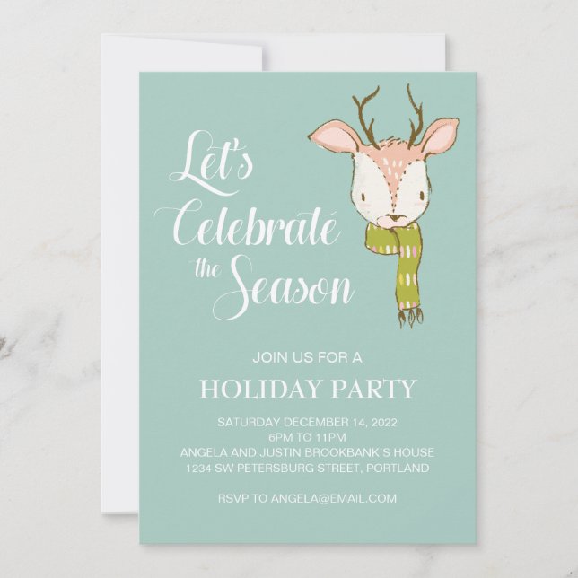 Rustic Woodland Deer with Scarf Holiday Party Invitation (Front)