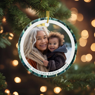Rustic Woodland Family Christmas Photo Ceramic Tree Decoration