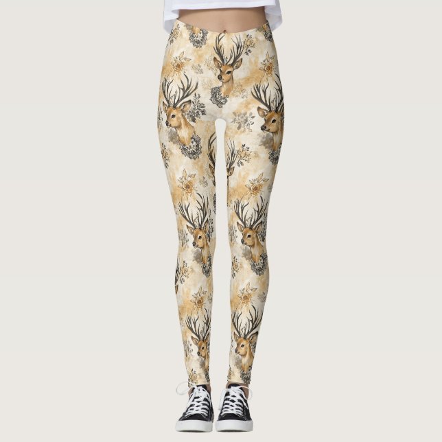 Rustic Woodland Fawn Pattern Leggings (Front)