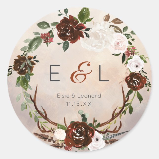Rustic Woodland Feathers and Floral Bloom Classic Round Sticker (Front)