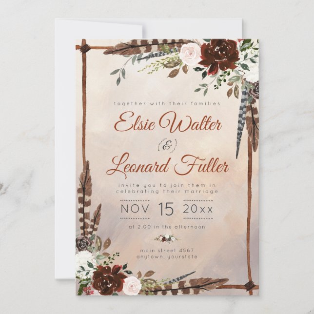 Rustic Woodland Feathers and Floral Bloom Invitation (Front)