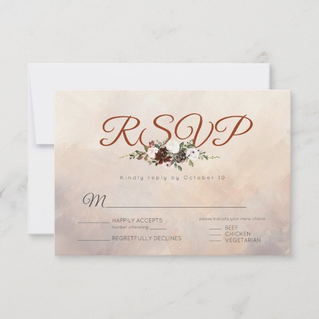 Rustic Woodland Feathers and Floral Bloom w/ meal RSVP Card (Front)