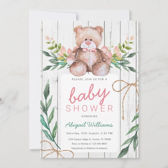 Rustic Woodland Floral Teddy Bear Baby Shower Invitation (Front)