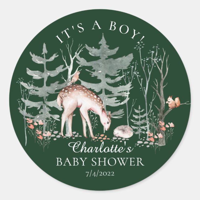 Rustic Woodland Forest Animals Baby Shower  Classi Classic Round Sticker (Front)