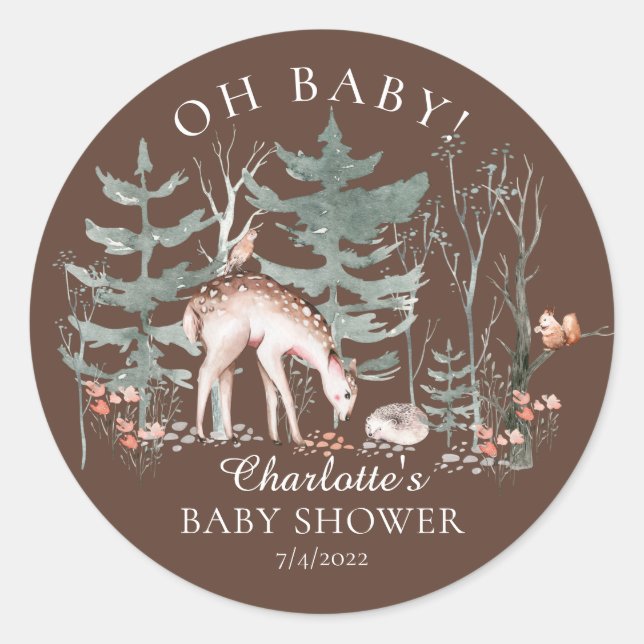 Rustic Woodland Forest Animals Baby Shower  Classic Round Sticker (Front)