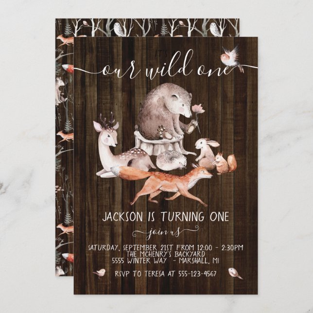 Rustic Woodland Forest Animals Wild One Birthday Invitation (Front/Back)