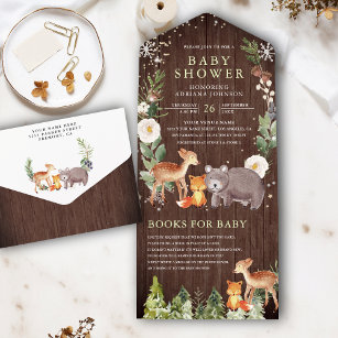 Rustic Woodland Forest Animals Wood Baby Shower All In One Invitation