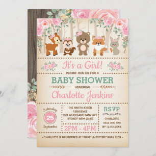 Rustic Woodland Forest Blush Flowers Baby Shower Invitation