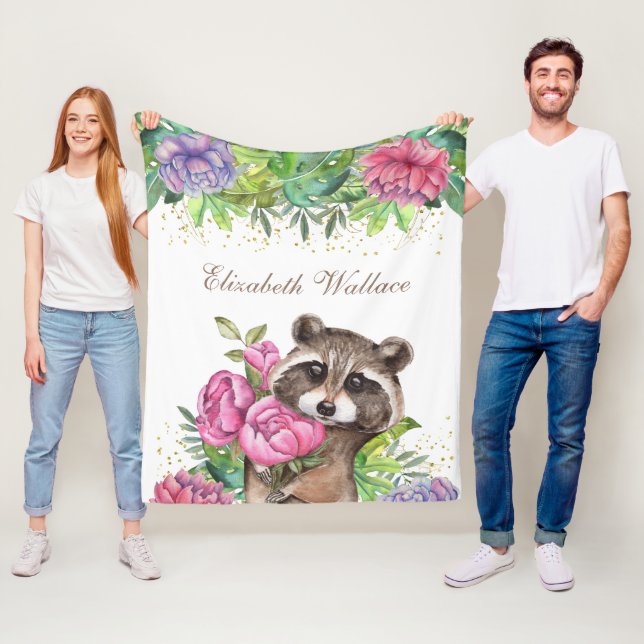 Rustic Woodland Forest Cute Floral Racoon Fleece Blanket (In Situ)