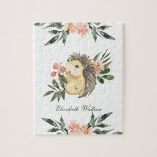Rustic Woodland Forest Cute Hedgehog Name Jigsaw Puzzle