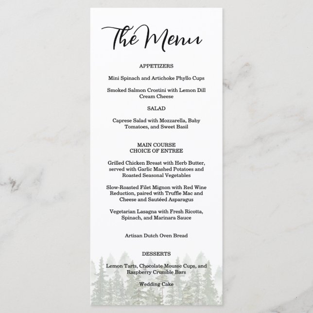 Rustic Woodland Forest Green Wedding  Menu (Front)