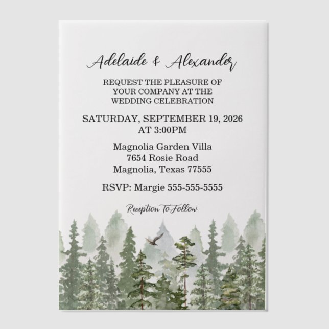 Rustic Woodland Forest Green Wedding Vellum Invitations (Front)