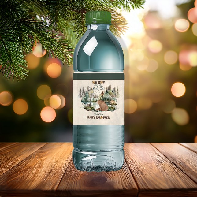 Rustic Woodland Forest Oh Boy Bear Baby Shower Water Bottle Label (Rustic Woodland Bear and Forest Animals Baby Shower Water Bottle Labels -- "Oh Boy" Collection)