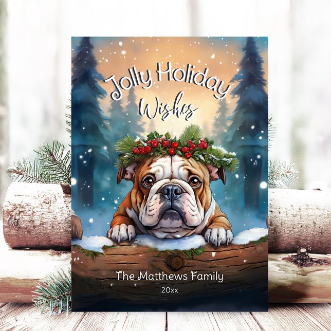 Rustic Woodland Forest Peeking Bulldog Jolly Holiday Card (Adorable Winter Snowy Scene With Peeking Dogs or Farm/Woodland Animals - Over 50 to Choose From!)