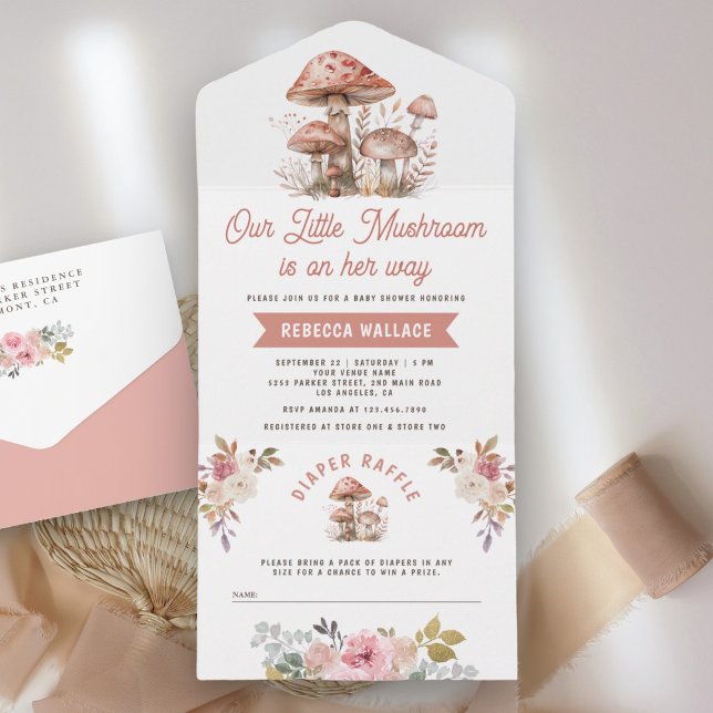 Rustic Woodland Forest Pink Mushroom Baby Shower All In One Invitation (Creator Uploaded)