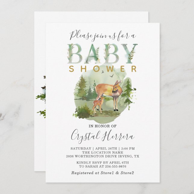 Rustic Woodland Forest Watercolor Deer Baby Shower Invitation (Front/Back)