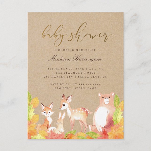 Rustic Woodland Friends Of The Forest Baby Shower Invitation Postcard (Front)