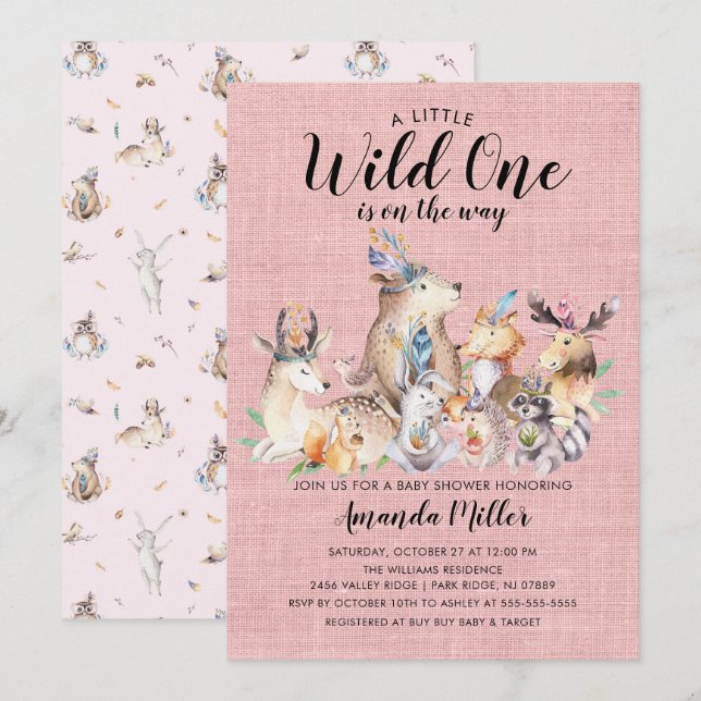 Rustic Woodland Friends Wild One Girls Baby Shower Invitation (Front/Back)