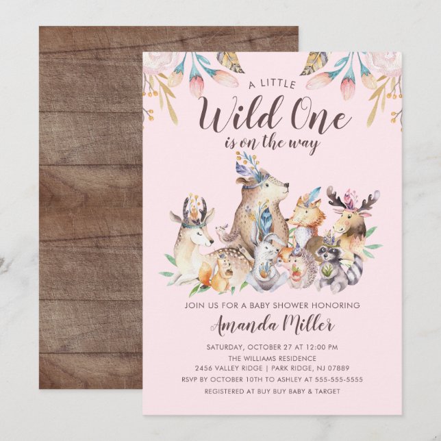 Rustic Woodland Friends Wild One Girls Baby Shower Invitation (Front/Back)