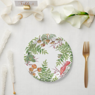 Rustic Woodland Frog Bee Mushroom Nature Foliage Paper Plate