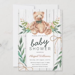 Rustic Woodland Green Teddy Bear Baby Shower Invitation