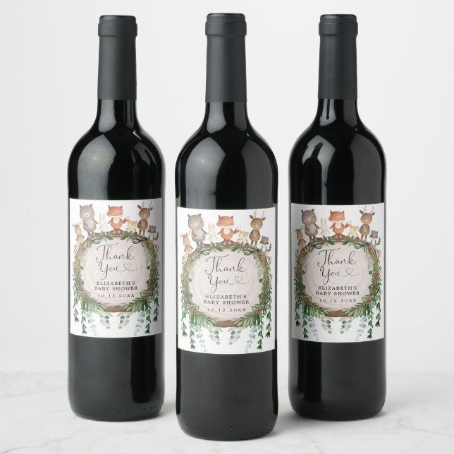Rustic Woodland Greenery Animals Baby Favours Wine Label (Bottles)
