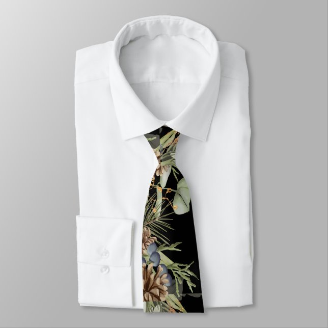 Rustic Woodland Greenery on Black Wedding Tie (Tied)