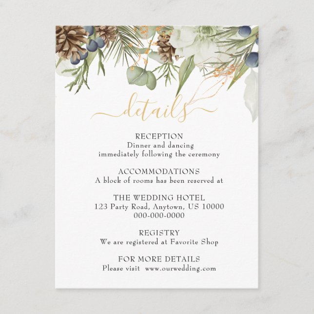 Rustic Woodland Greenery & Pinecones Details  Enclosure Card (Front)