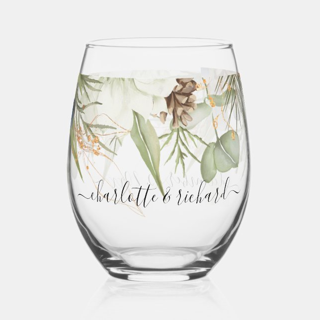 Rustic Woodland Greenery Wedding Thank you Stemless Wine Glass (Front)