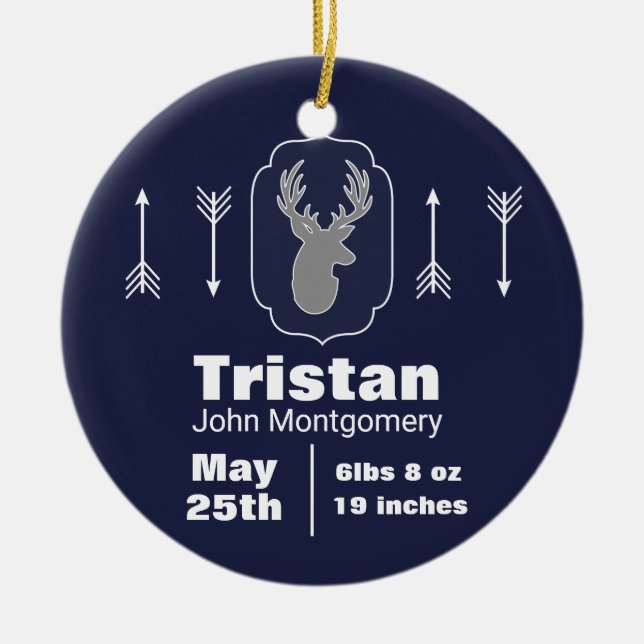 Rustic Woodland Grey Deer & Navy Photo Ceramic Tree Decoration (Front)