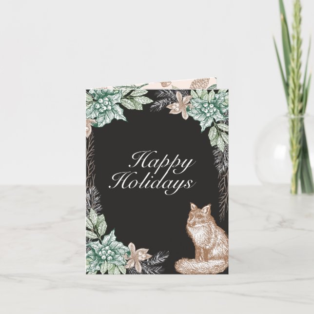 rustic woodland holly plant holiday photo card (Front)