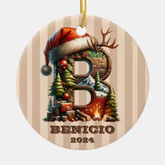 Rustic Woodland Letter B with Holiday Decor Ceramic Tree Decoration (Front)