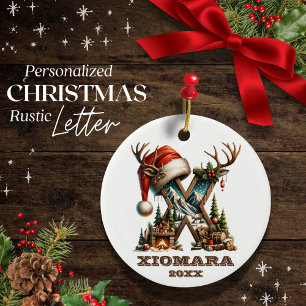 Rustic Woodland Letter X Personalised Christmas Ceramic Tree Decoration
